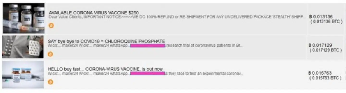 Netmediet Check Point har taget screendump af de annoncer, det har fundet med covid-19-vacciner på deep web. Her er der tre annoncer, hvoraf to er for flydende vacciner, der skal injiceres, imens den midterste er for en vaccine, der skal indtages i pilleform.