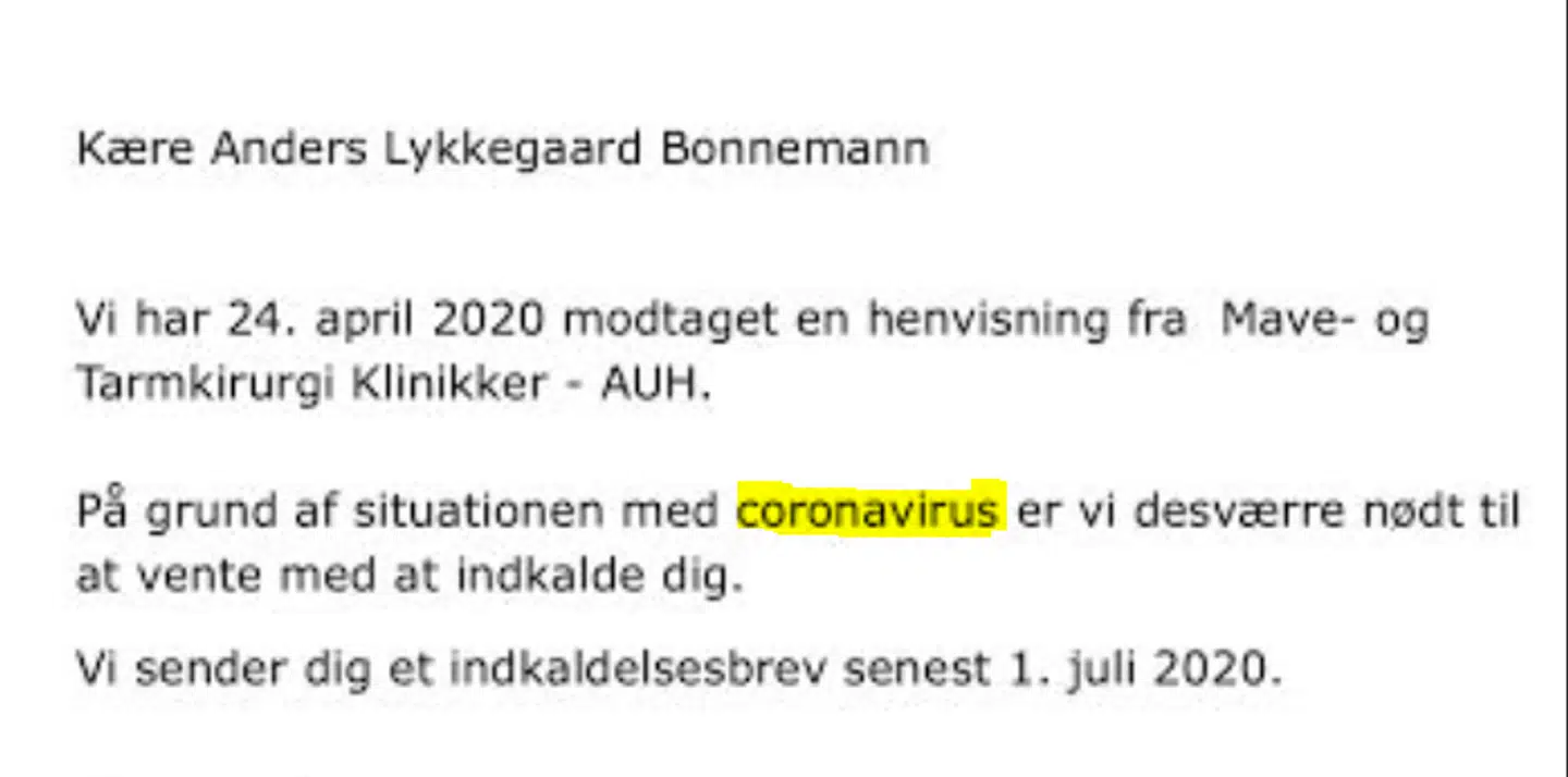 Dokumentation: Her ses den mail Anders Bonnemann modtager 27. april om, at der slet ikke kan indkaldes til tid endnu på grund af situationen med coronavirus. Det selv om han siden januar har haft symptomer på ny kræft.