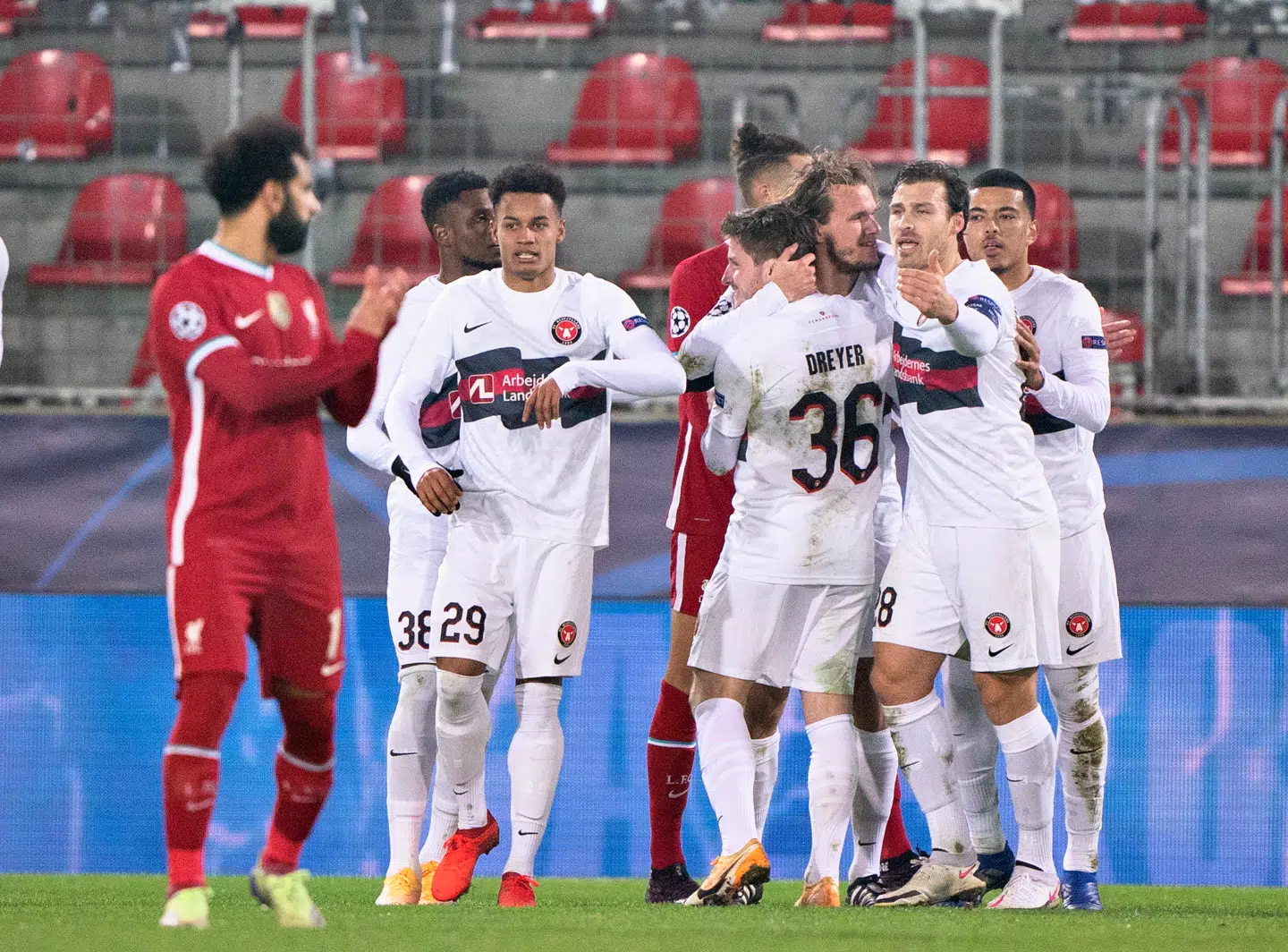 FC Midtjyllands Alexander Scholz has equalized to 1-1 in the Champions League group D match FC Midtjylland against Liverpool FC at MCH-Arena in Herning, Wednesday 9 December 2020. FC Midtjylland vs. Liverpool FC, Group stage, Group D .. (Photo: Henning Bagger / Ritzau Scanpix)