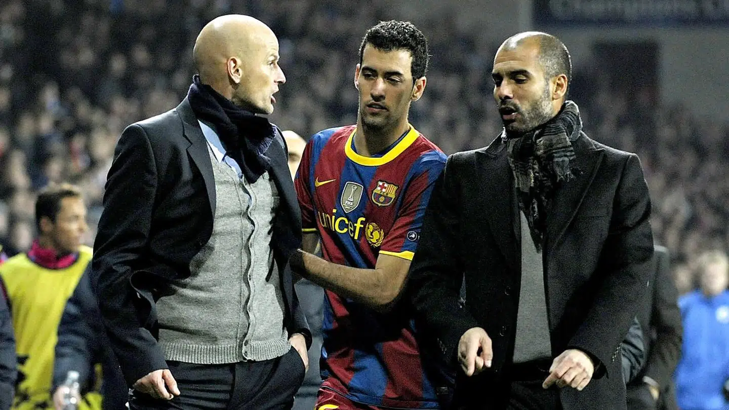 Ståle Solbakken og Pep Guardiola måtte adskilles af Sergio Busquets i 2010.