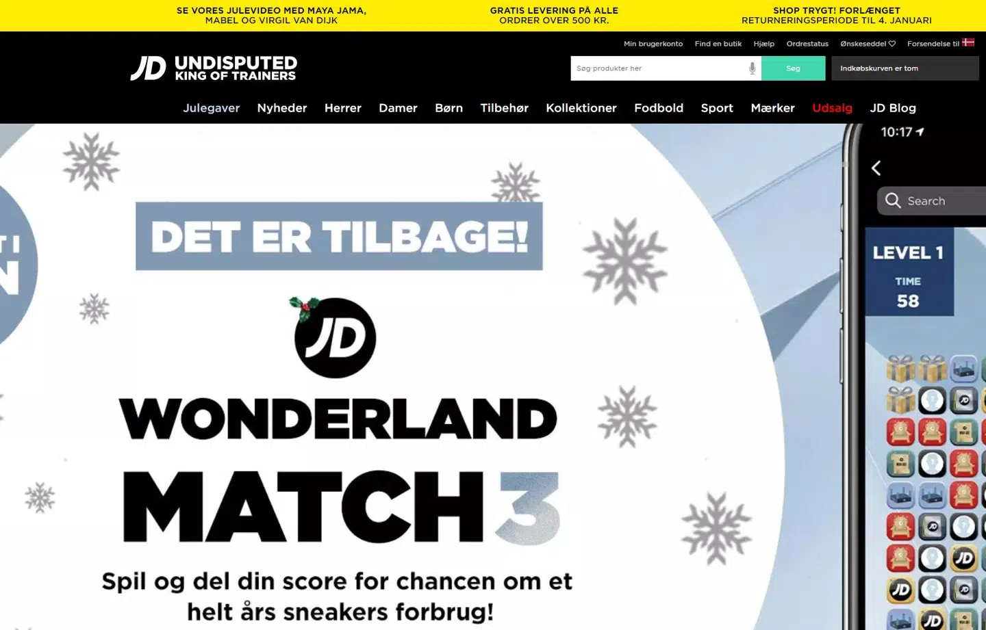 Et udsnit af JD Sports danske hjemmeside. Bemærk vendingen 'shop trygt' i øverste højre hjørne.