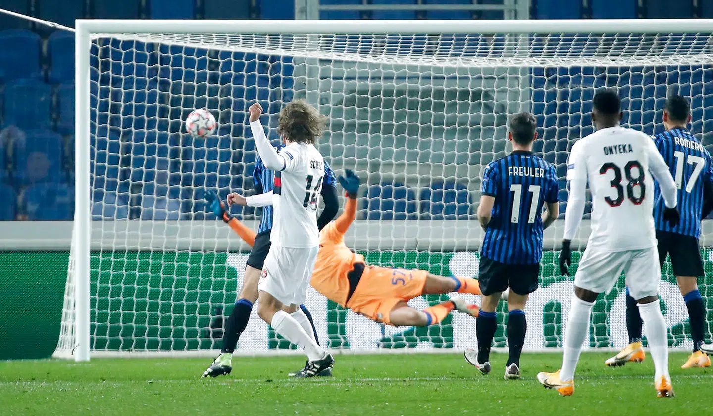 Soccer Football - Champions League - Group D - Atalanta v FC Midtjylland - Stadio Atleti Azzurri, Bergamo, Italy - December 1, 2020 FC Midtjylland's Alexander Scholz scores their first goal REUTERS/Alessandro Garofalo