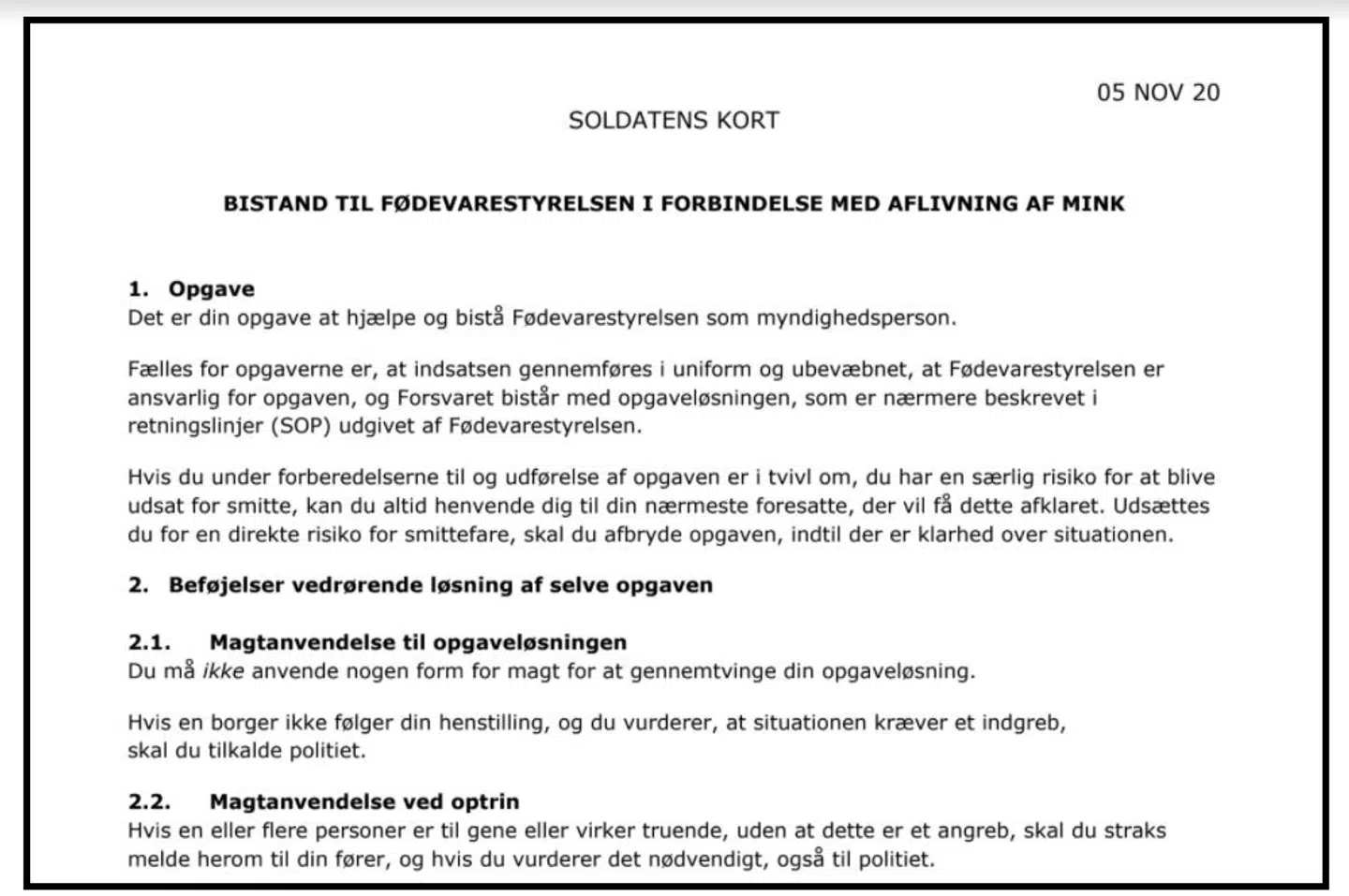 Sådan indledes instrukserne til soldaterne. Udleveret af FKO