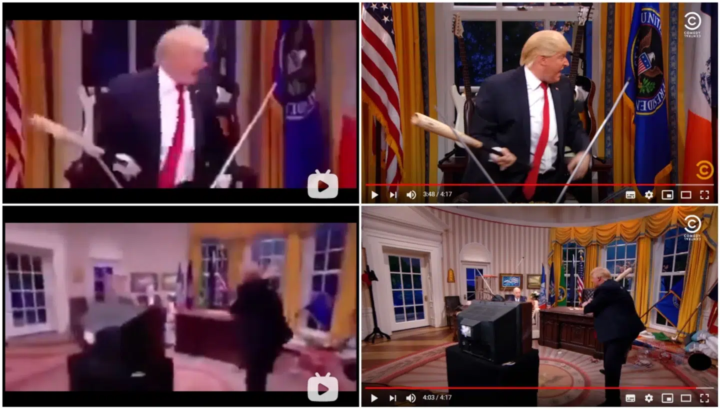 Her ses forskellen mellem de klip, der for tiden florerer af 'præsidenten' flere steder på nettet og så satire-udgaven i 2017 (til højre).