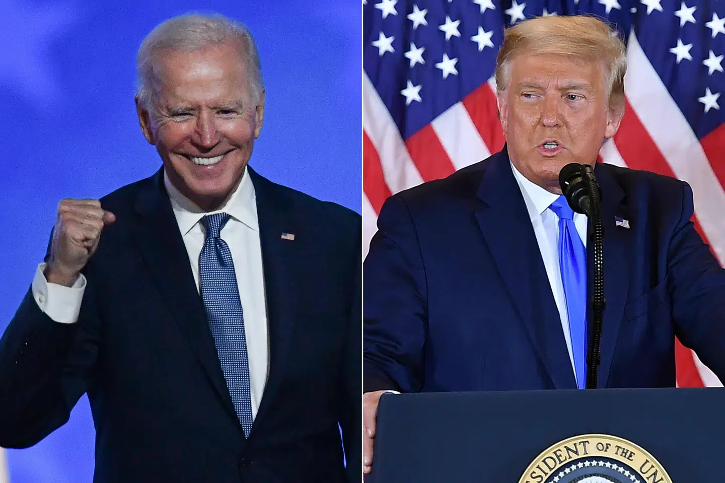 Den tidligere vicepræsident Joe Biden har ifølge de enkelte delstaters optælling sikret sig det nødvendige antal valgmænd til at blive USA's næste præsident. Men præsident Donald Trump har kæmpet imod, blandt andet med en byge af søgsmål. Angela Weiss, Mandel Ngan/Ritzau Scanpix