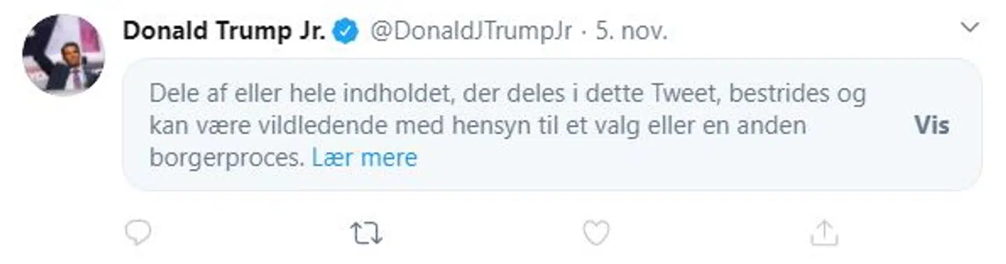 Sådan ser et opslag ud, når Donald Trump jr. har skrevet noget falsk eller vildledende.