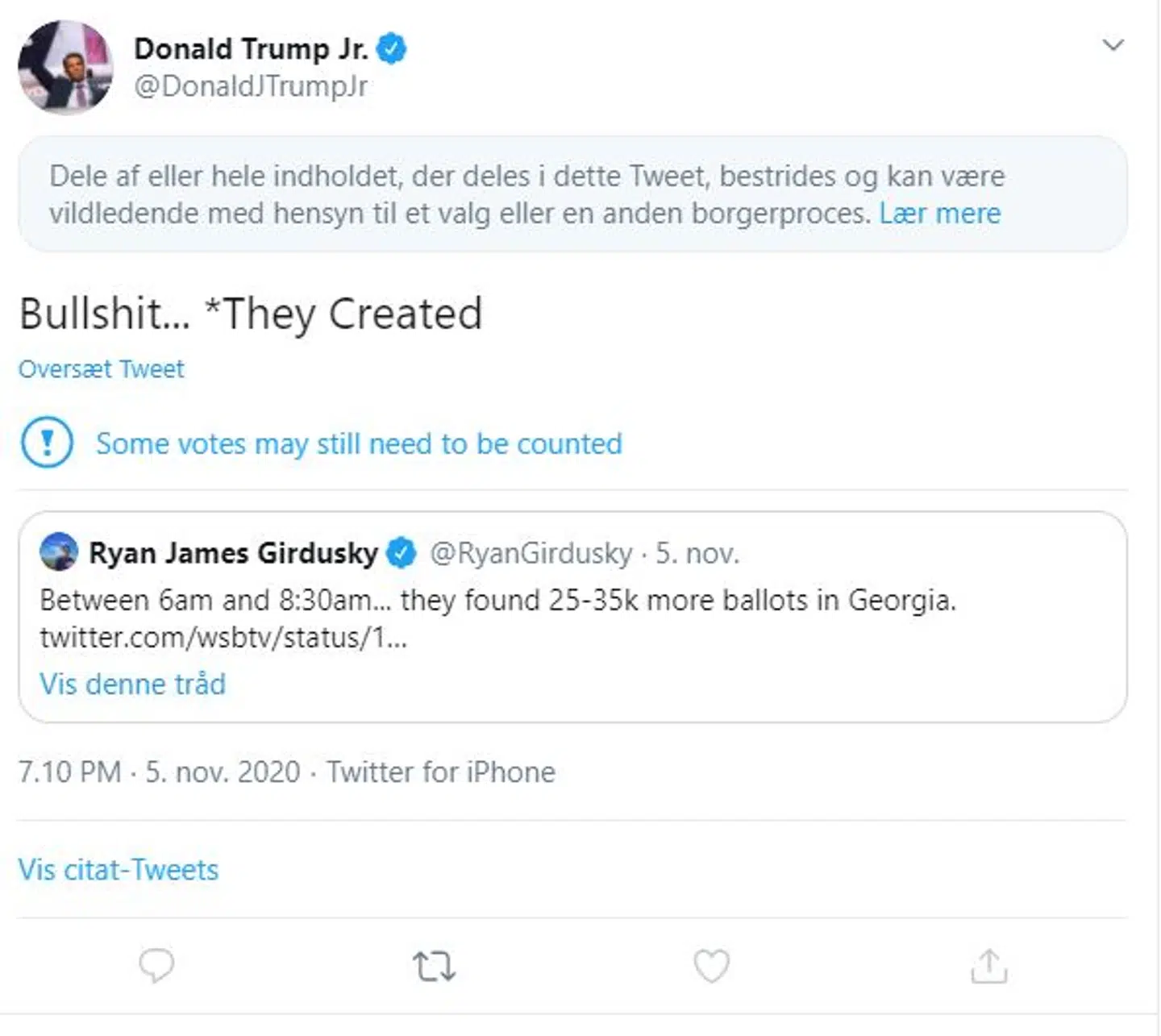 Et af mange opslag på Twitter fra Donald Trump jr. efter valget, der er blevet markeret som vildledende.