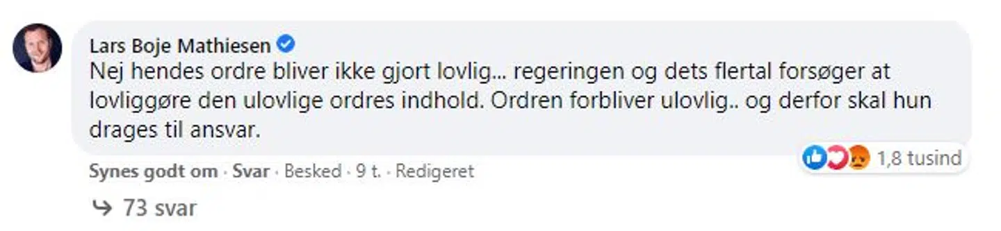 Nye Borgerliges Lars Boje Mathiesens kommentar på Facebook.