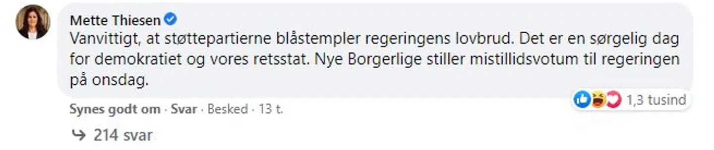 Nye Borgerliges Mette Thiesens kommenterer en B.T.-artikel på Facebook.