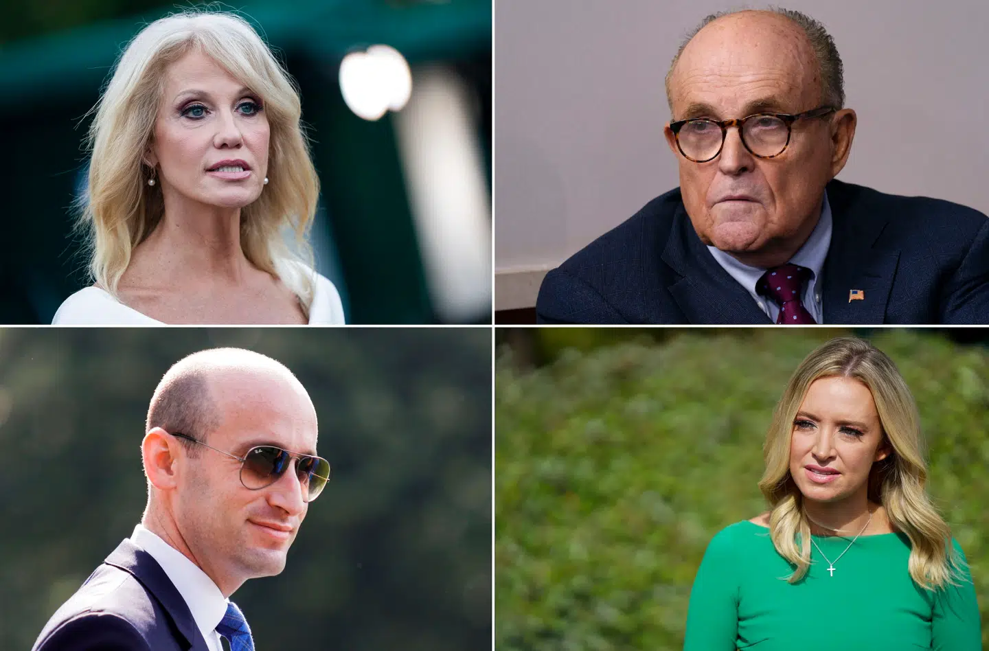 Øverst: Kellyanne Conway og Rudy Giuliani. Nederst: Stephen Miller og Kayleigh McEnany.