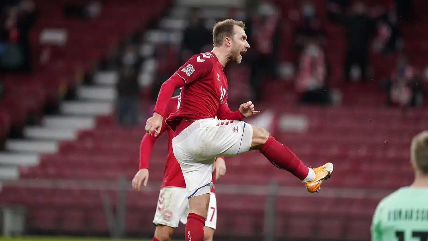 Denmarks Christian Eriksen celebrates scoring his second goal during the UEFA Nations League - League A - Group 2 Match between Denmark and Iceland, in Copenhagen, Denmark, Nov. 15, 2020.. (Foto: Liselotte Sabroe/Ritzau Scanpix)
