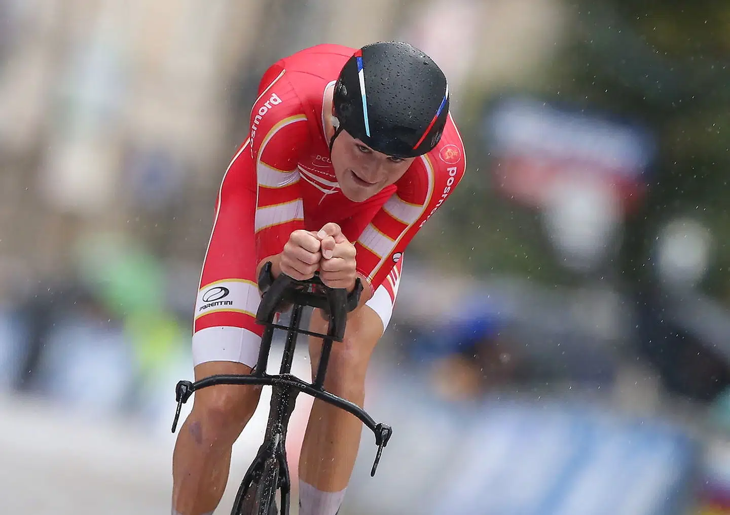 epa07866166 Mathias Norsgaard Jorgensen of Denmark competes in the Men Under 23 Individual Time Trial during the UCI Road Cycling World Championships in Harrogate, Britain, 24 September 2019. EPA/Nigel Roddis