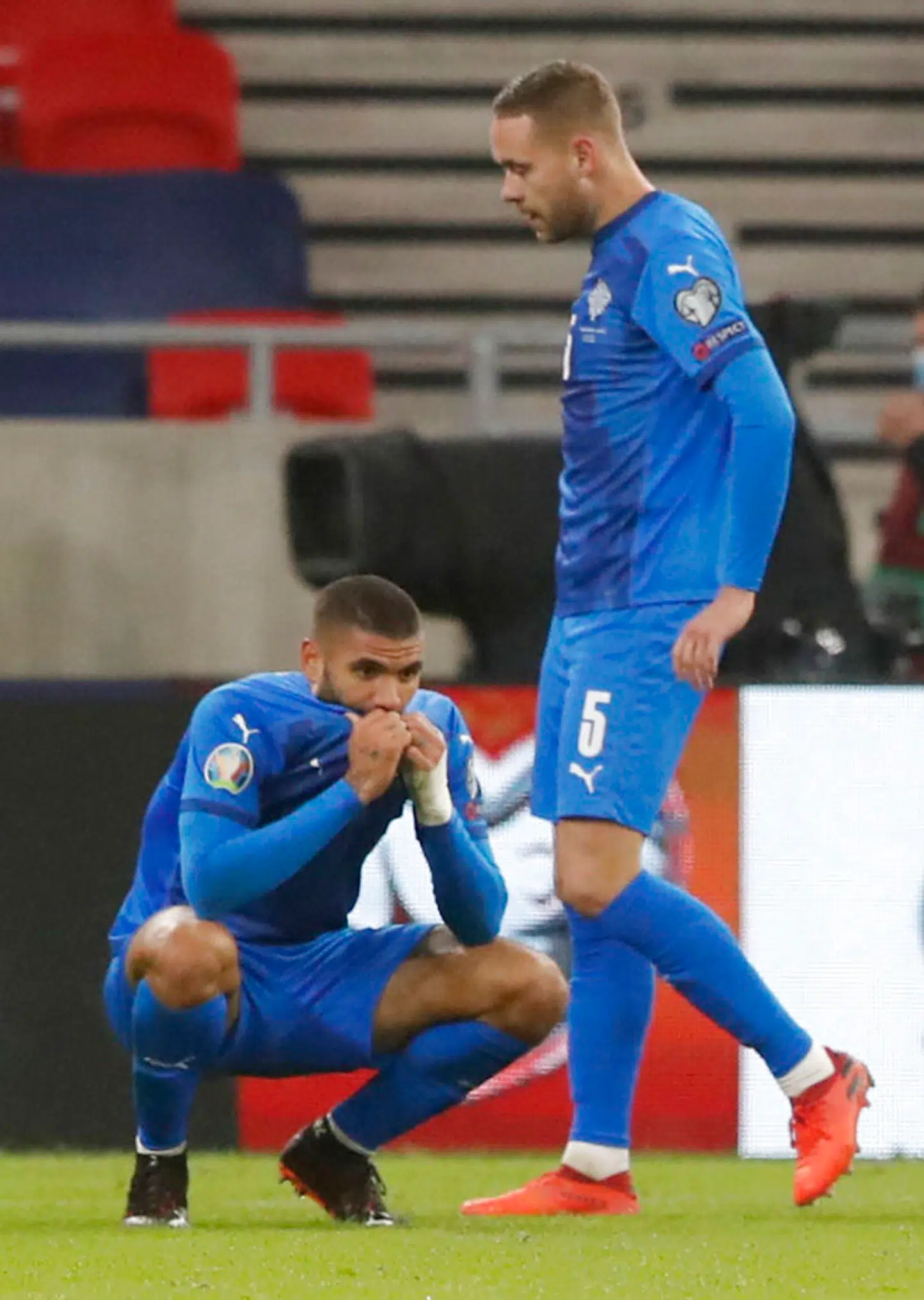 Soccer Football - Euro 2020 Playoff Final - Hungary v Iceland - Puskas Arena, Budapest, Hungary - November 12, 2020 Iceland's Sverrir Ingason and teammate look dejected after the match REUTERS/Bernadett Szabo