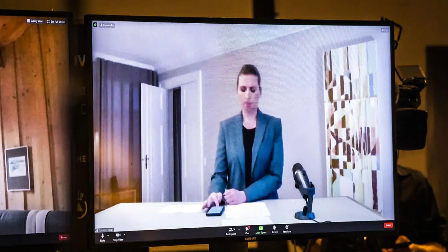 Danish Prime Minister Mette Frederiksen (socialdemocrat) was on a video link during the press conference after she went into self-isolation on Tuesday.