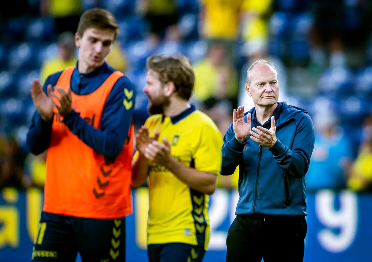 Brøndbys cheftræner Niels Frederiksen og Kasper Fisker efter Europa League kvalifikationskampen mellem Brøndby IF og FC Inter Turku, på Brøndby Stadion torsdag den 11. juli 2019. (Foto: Liselotte Sabroe/Scanpix 2019)