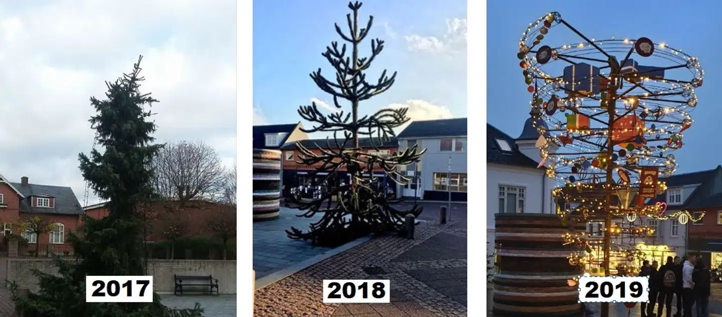 Sådan så juletræet i Aars ud i 2017, 2018 og 2019.