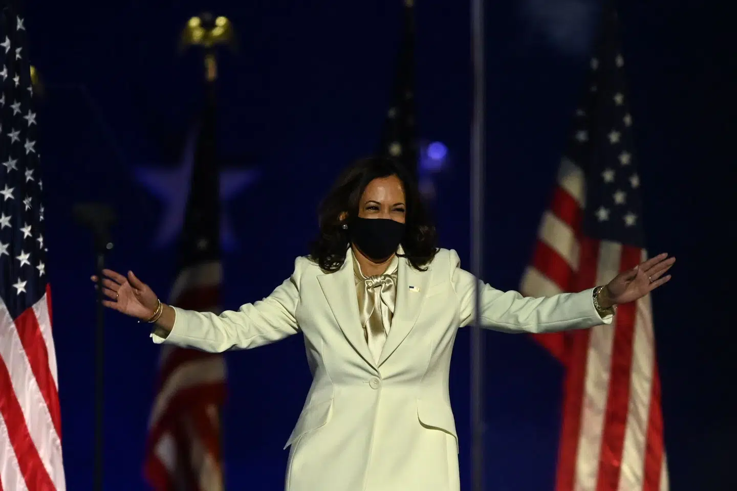 Vicepræsidentkandidat Kamala Harris holdt lørdag aften lokal tid sin sejrstale i Wilmington i delstaten Delaware. Jim Watson/Ritzau Scanpix