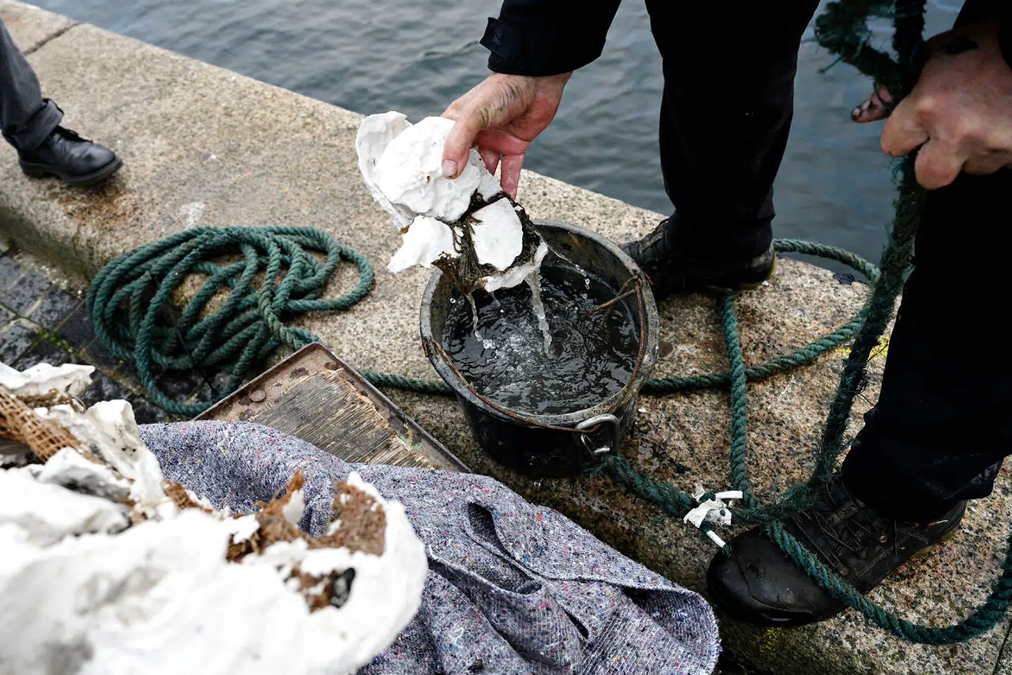 By & Havn sender en dykker i vandet og hejser en statue af grundlæggeren af Kunstakademiet i København op af Københavns Havn fredag den 6. november 2020. Fredag morgen kom det frem at en anonym aktivistgruppe havde smidt statuen af Frederik V. i havnen. Busten af Frederik V står normalt på Kunstakademiets Billedkunstskoler.. (Foto: Philip Davali/Ritzau Scanpix)