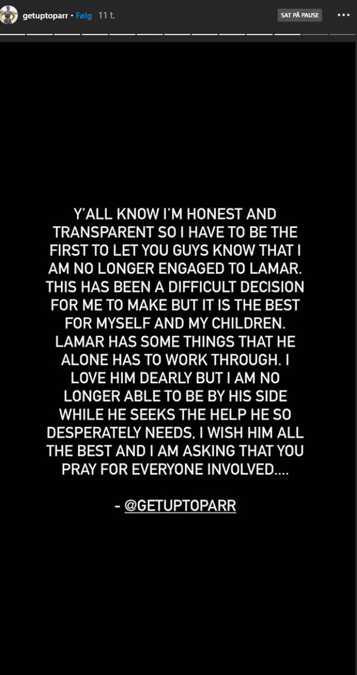 Sabrina Parr meddeler, at hun er gået fra Lamar Odom.