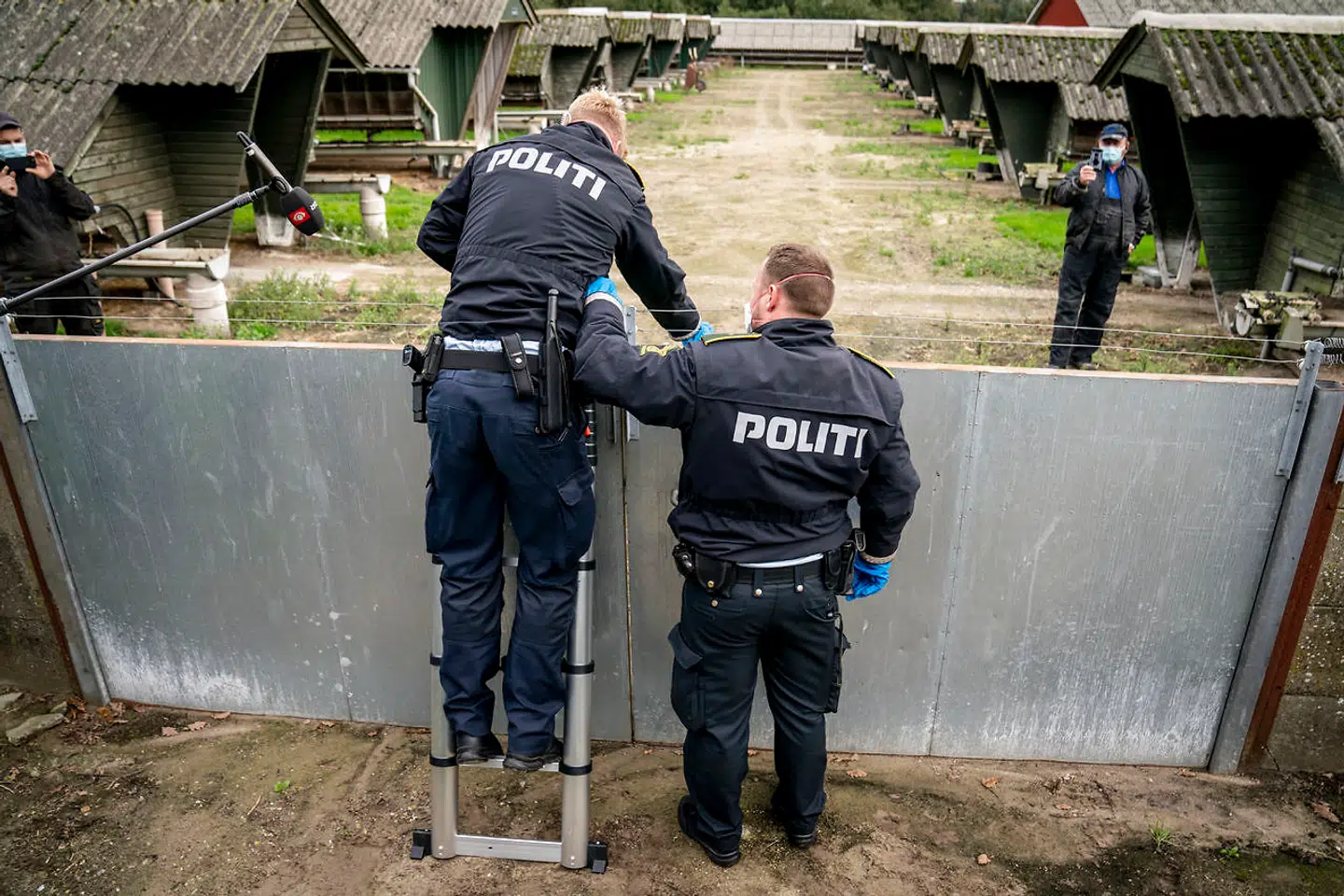 Minkavler Thorbjørn Jepsen ønsker ikke at lukke politiet ind, de skal derfor selv skabe sig vej ind for at aflive ved at klippe lås op ind til hans minkfarm i Gjøl i Nordjylland, fredag den 9. oktober 2020.. (Foto: Mads Claus Rasmussen/Ritzau Scanpix)