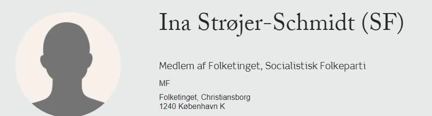Ina Strøjer-Schmidt er det eneste medlem af Folketinget, som ikke har et profilbillede på Folketingets hjemmeside.