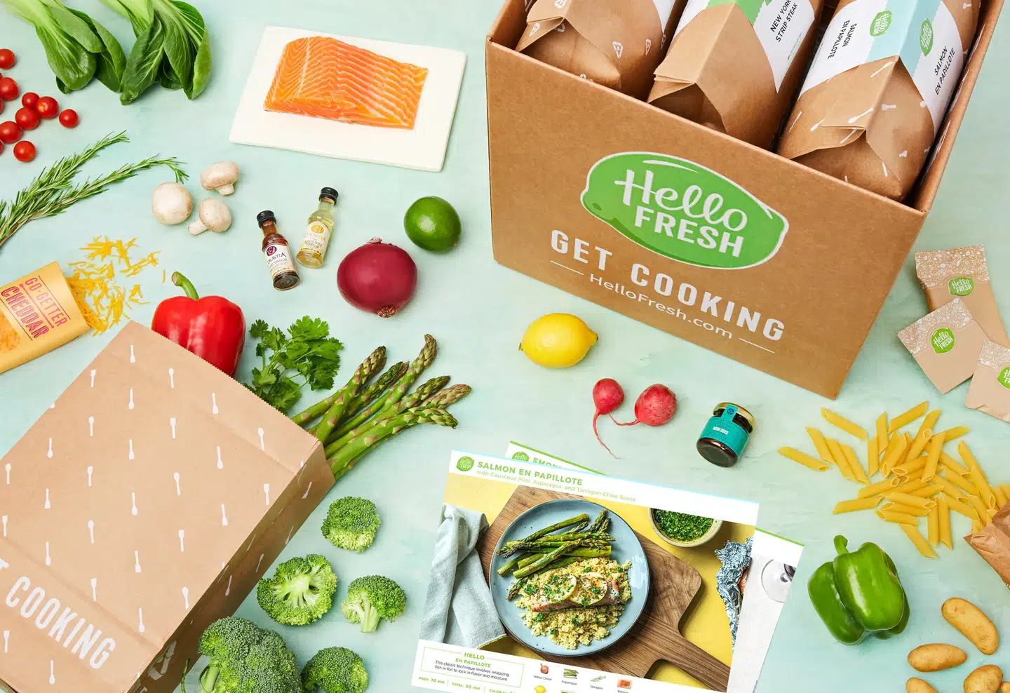 HelloFresh leverer alle ingredienser til din hoveddør. Du skal kun tilberede og servere maden.
