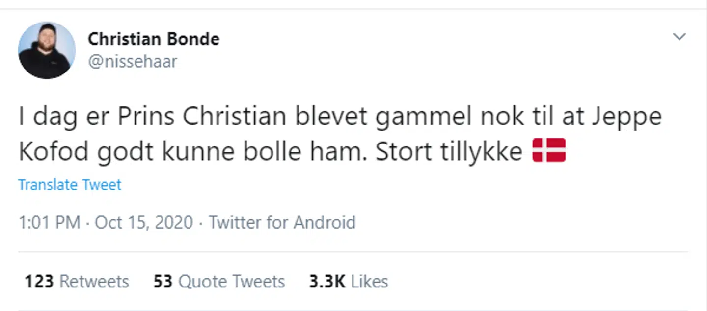 Christian Bondes twitter-opslag.