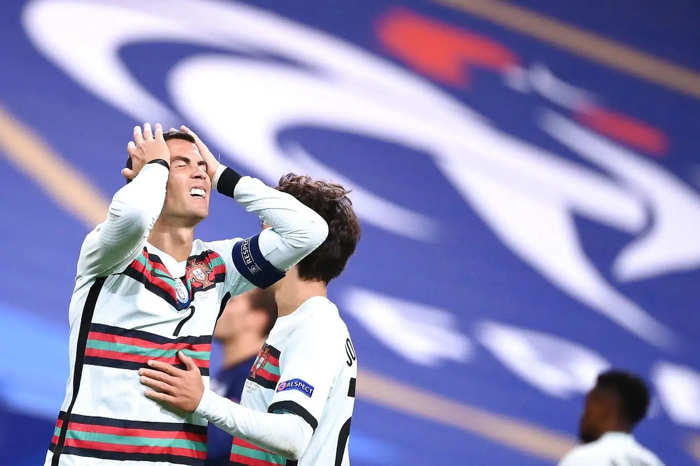 Portugal's forward Ronaldo reacts after missing a goal opportunity during the Nations League football match between France and Portugal, on October 11, 2020 at the Stade de France in Saint-Denis, outside Paris. (Photo by FRANCK FIFE / AFP)