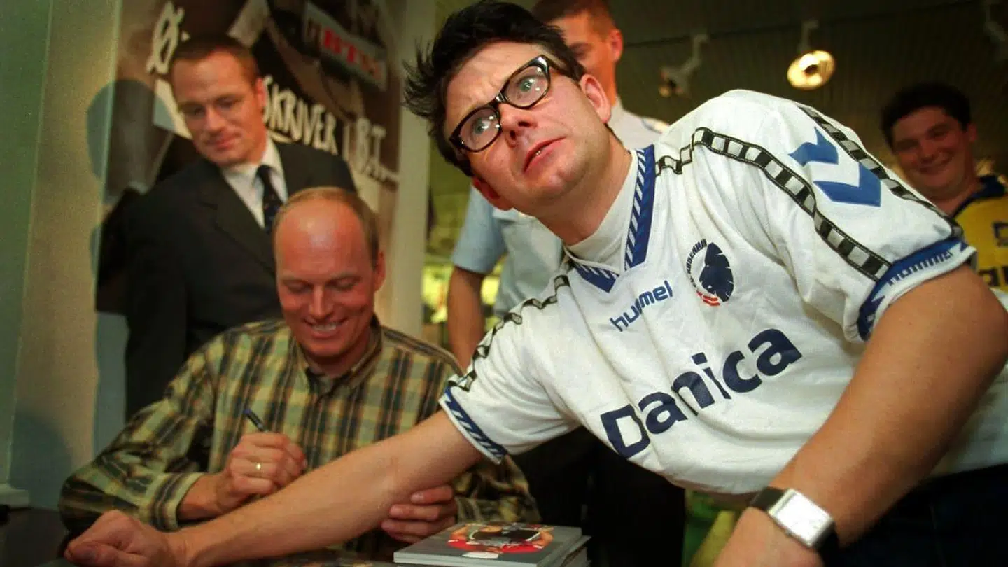Bjarne Riis og Casper Christensen sammen til bogsignering kort efter Riis' Tour de France-sejr i 1996.