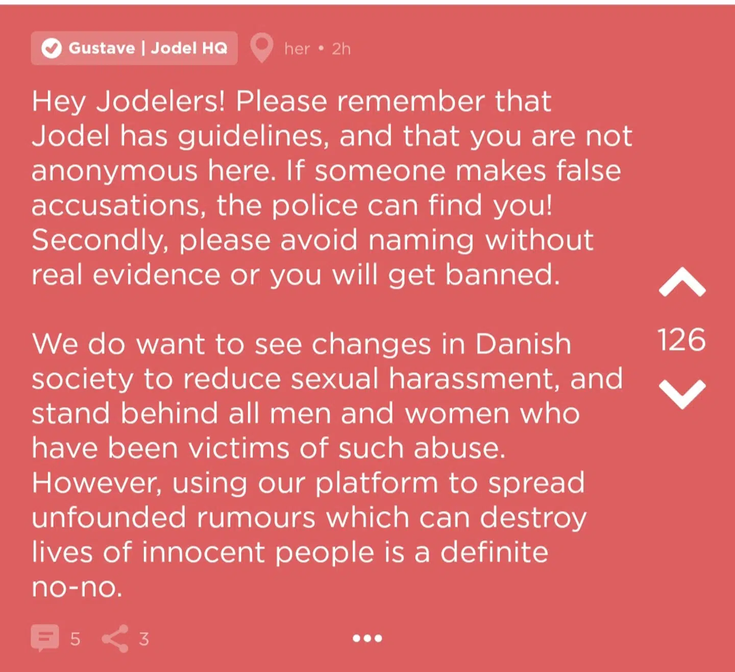 Advarsel fra Jodel til deres brugere.