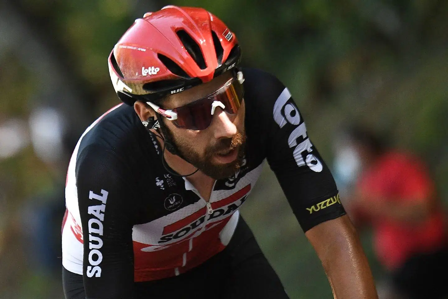 Team Lotto rider Belgium's Thomas De Gendt rides ahead during the 7th stage of the 107th edition of the Tour de France cycling race, 168 km between Millau and Lavaur, on September 4, 2020. (Photo by Anne-Christine POUJOULAT / AFP)