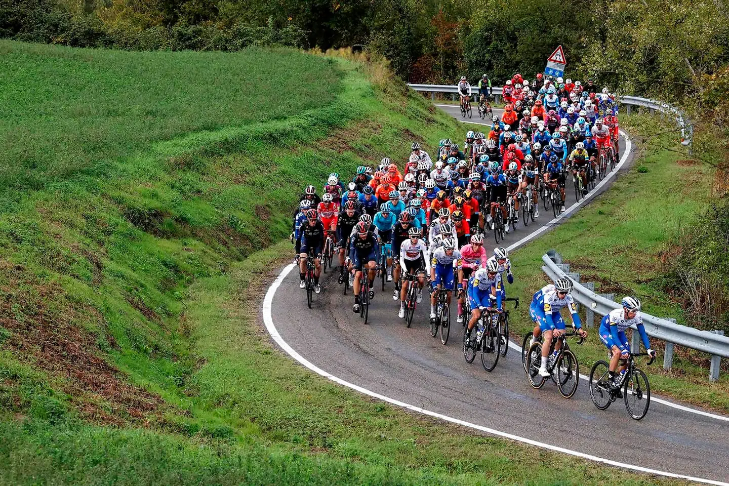 The pack rides during the 12th stage of the Giro d'Italia 2020 cycling race, a 204-kilometre route between Cesenatico and Cesenatico, on October 15, 2020. (Photo by Luca Bettini / AFP)