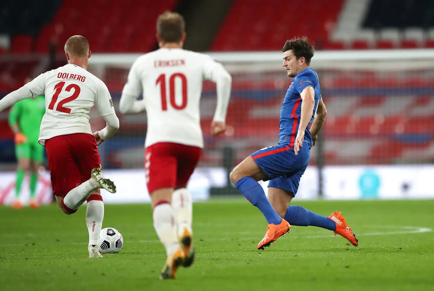 Soccer Football - UEFA Nations League - League A - Group 2 - England v Denmark - Wembley Stadium, London, Britain - October 14, 2020 England's Harry Maguire challenges Denmark's Kasper Dolberg before being sent off Pool via REUTERS/Nick Potts