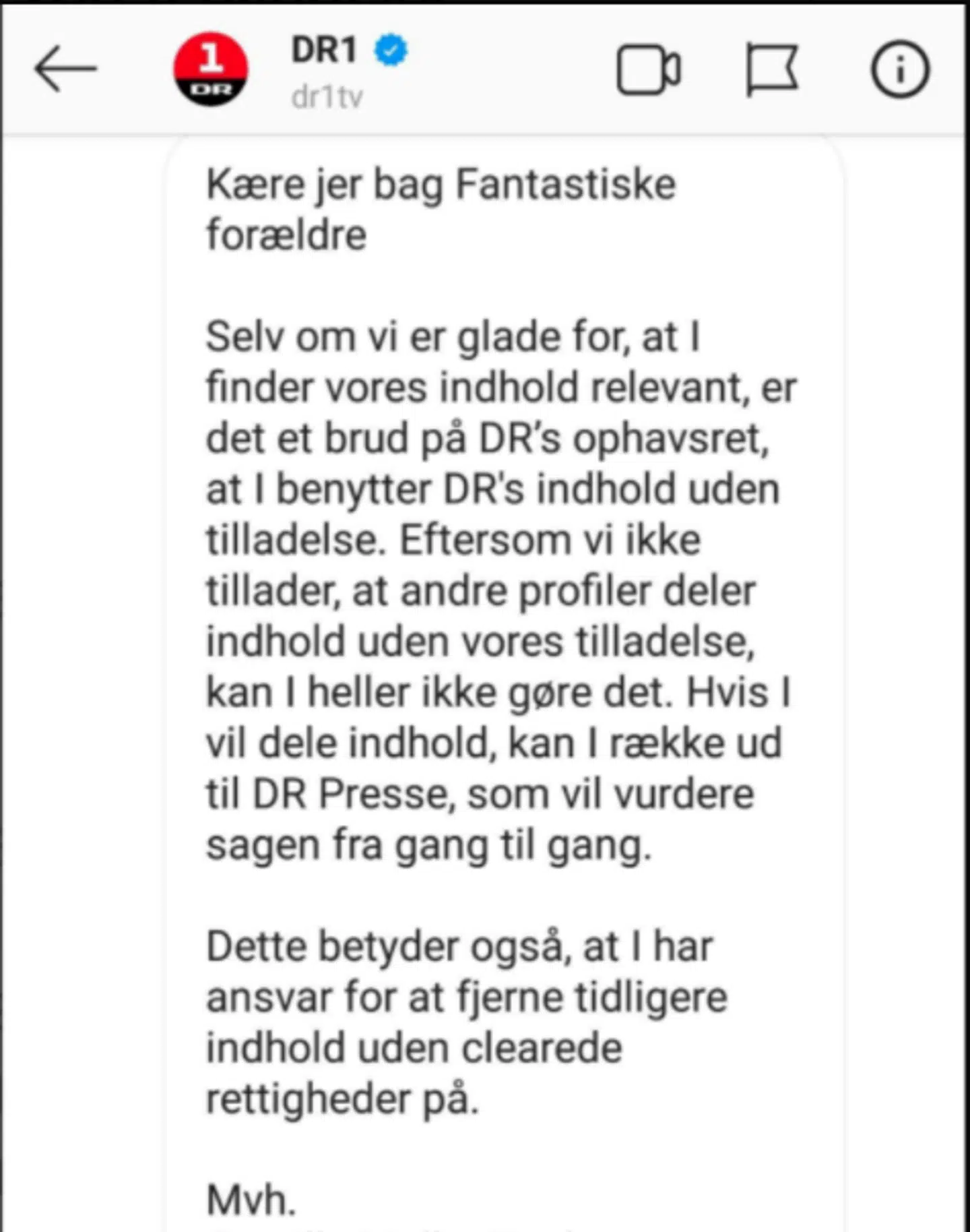 Sådan ser beskeden ud fra DR, som blandt andre Anna Mathiesen har modtaget.