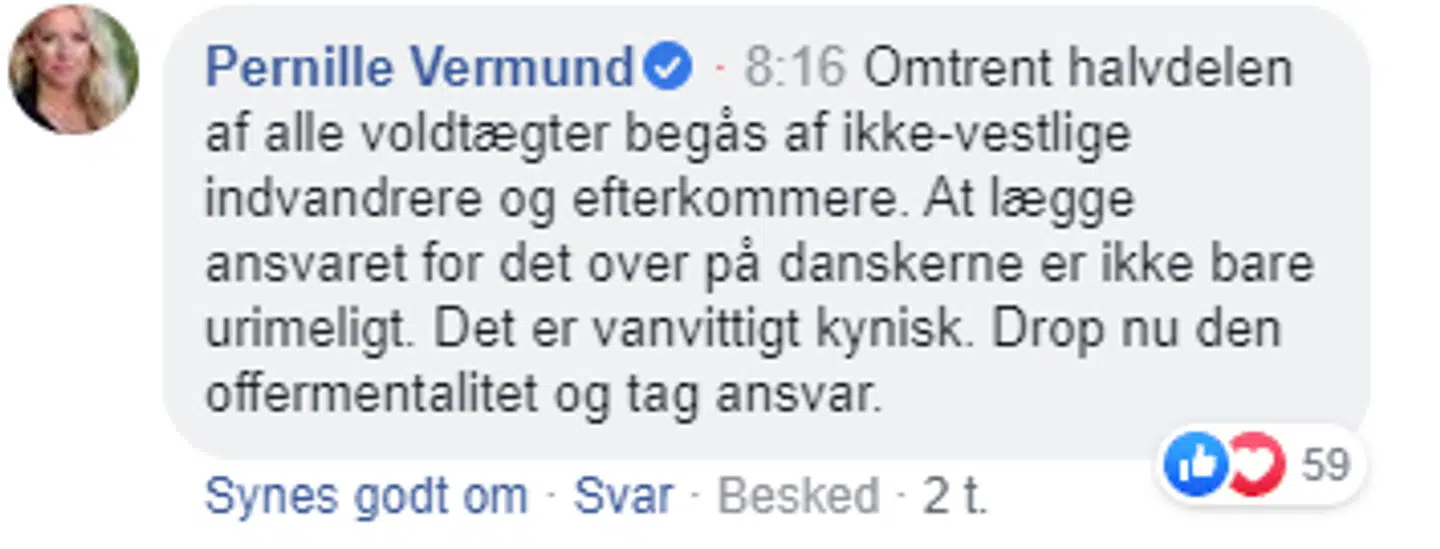 Også andre politikere deltog i debatten. Her ses Nye Borgerliges formand Pernille Vermund kommer med sin holdning.