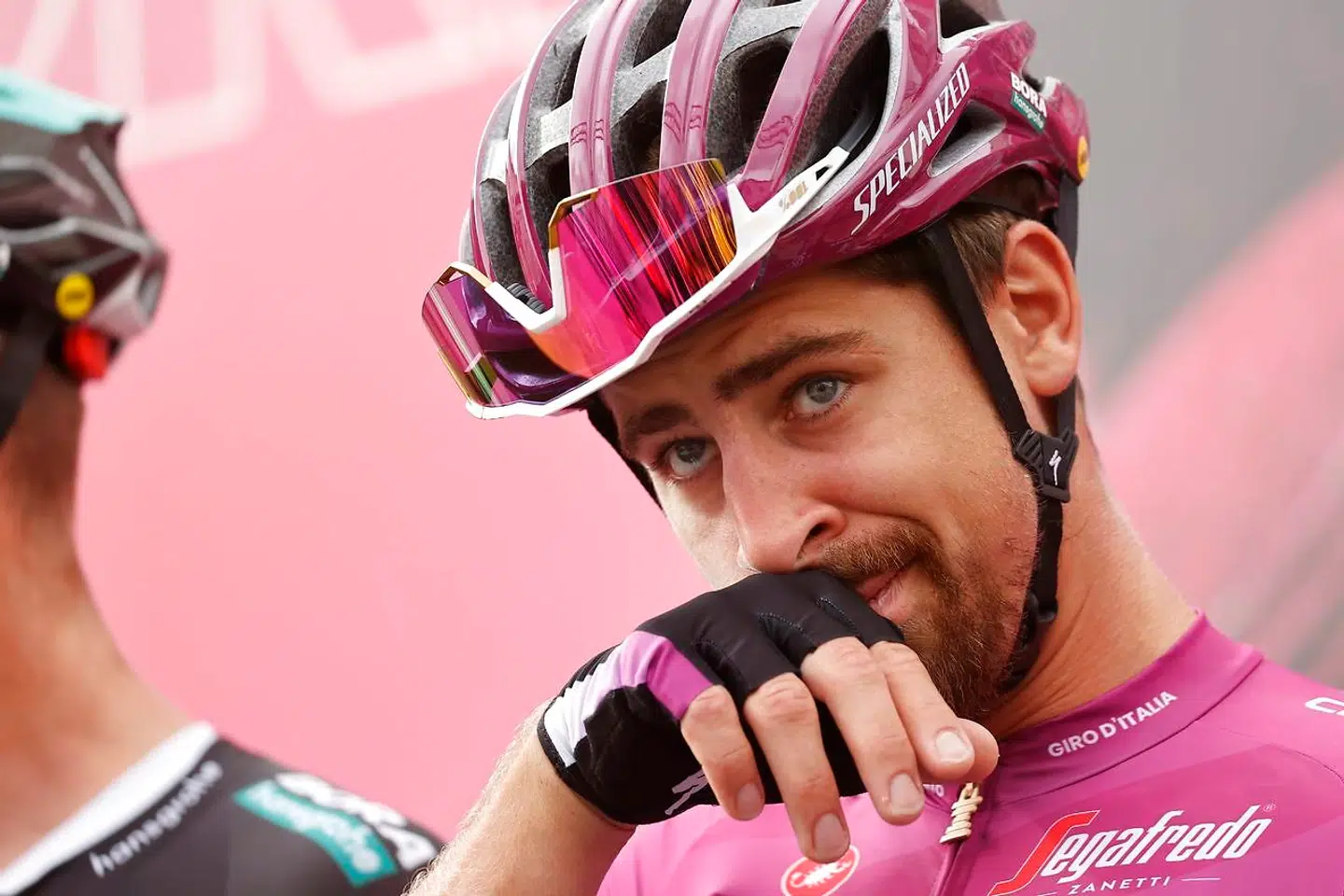 Team Bora rider Slovakia's Peter Sagan stands on the podium before the start of the 5th stage of the Giro d'Italia 2020 cycling race, a 140-kilometer route between Mileto and Camigliatello Silano, on October 7, 2020 in Mileto. (Photo by Luca Bettini / AFP)