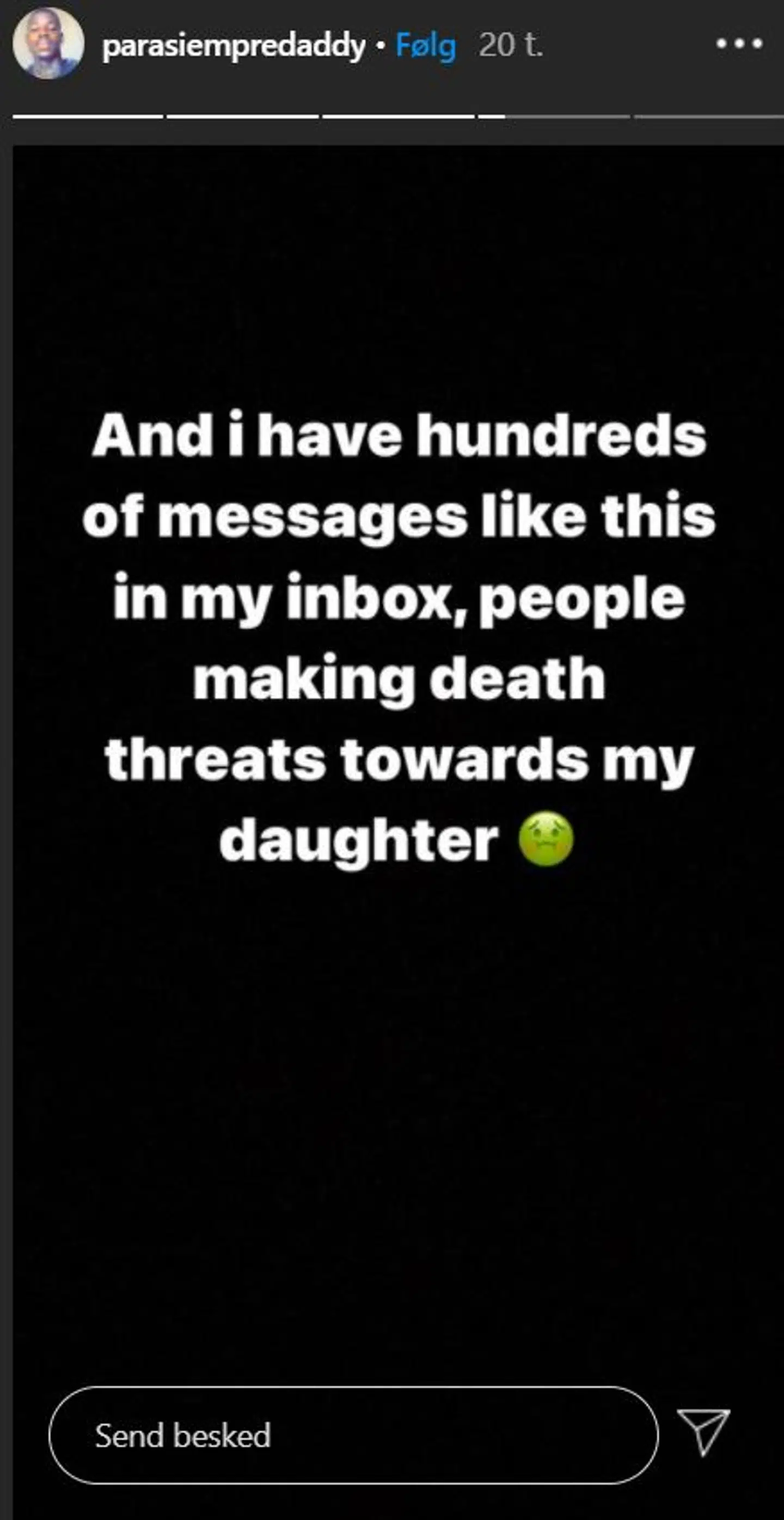 Bernio Verhagen fortæller på Instagram, hvordan hans datter er blevet truet på livet.