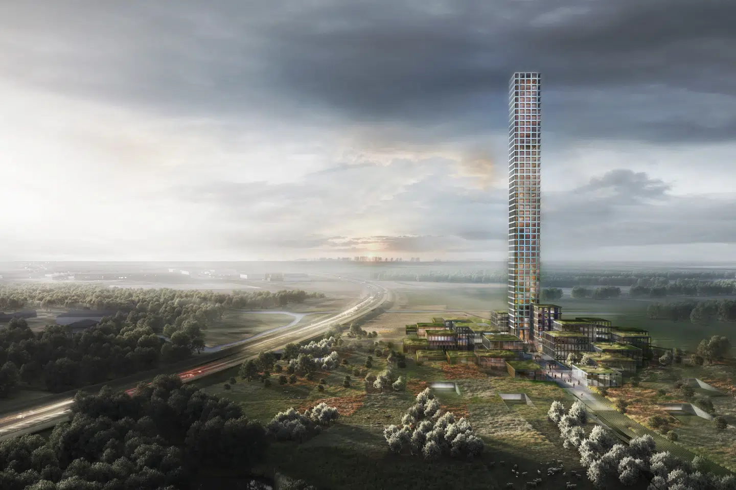 En illustration af lokalplanforslag om Bestseller Village, der blandt andet skulle indeholde et tårn på 320 meter. Nu ser projektet ud til at være helt droppet. (Arkivfoto) Bestseller/Handout/Ritzau Scanpix