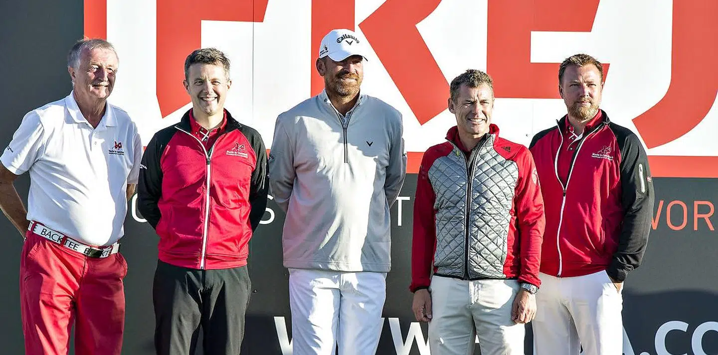 Arkivfoto. Europatouren i Golf, Made in Denmark i 2015. HKH Kronprins Frederik ude og spille på banen med racerkøreren Tom Kristensen, Thomas Bjørn og Jacob Brunsborg (yderst til højre).