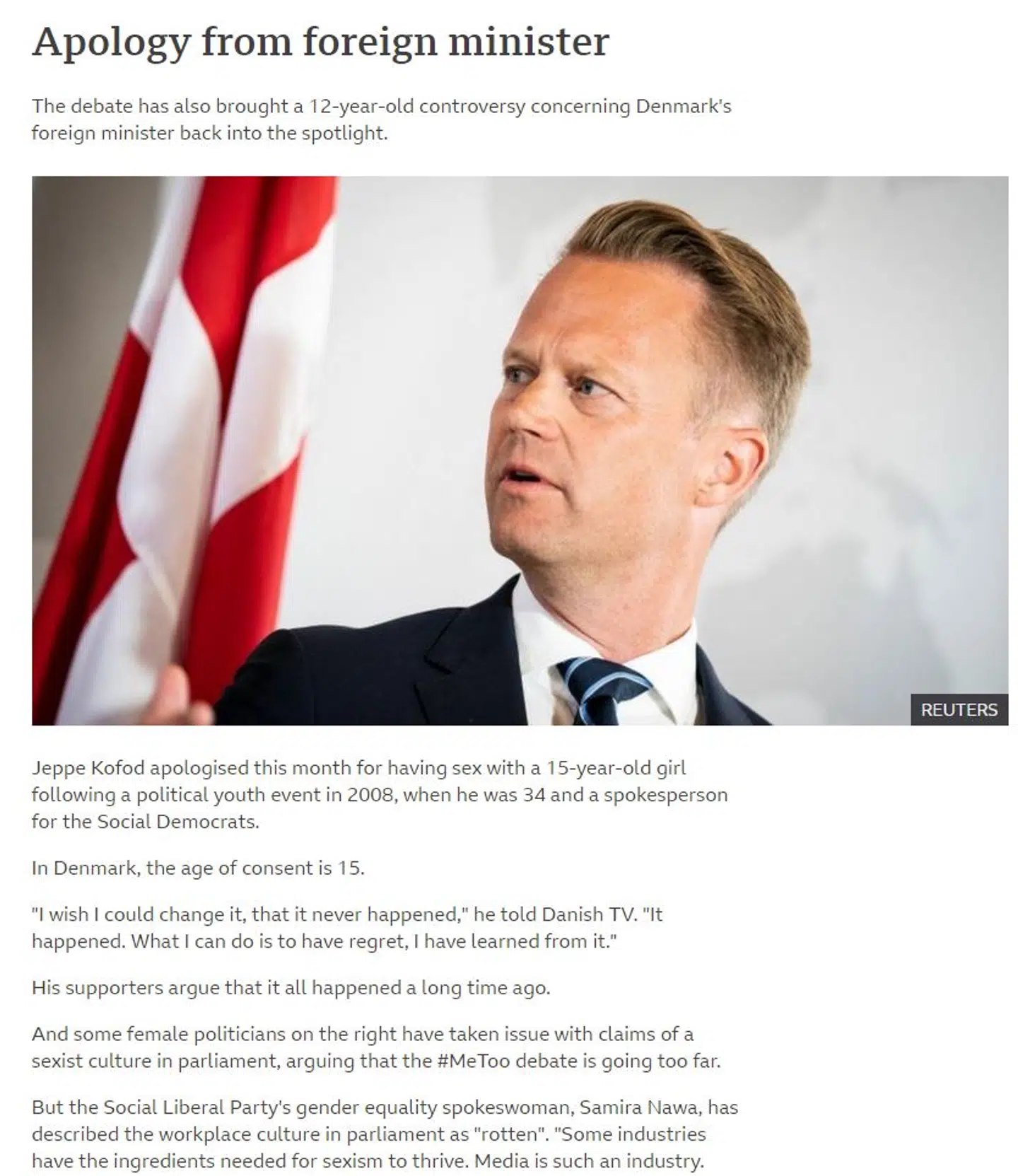 BBC brugte en del plads på fortællingen om Jeppe Kofod, da mediet i weekenden skrev om den danske MeToo-debat. Historien lå højt på sitet lørdag og søndag.