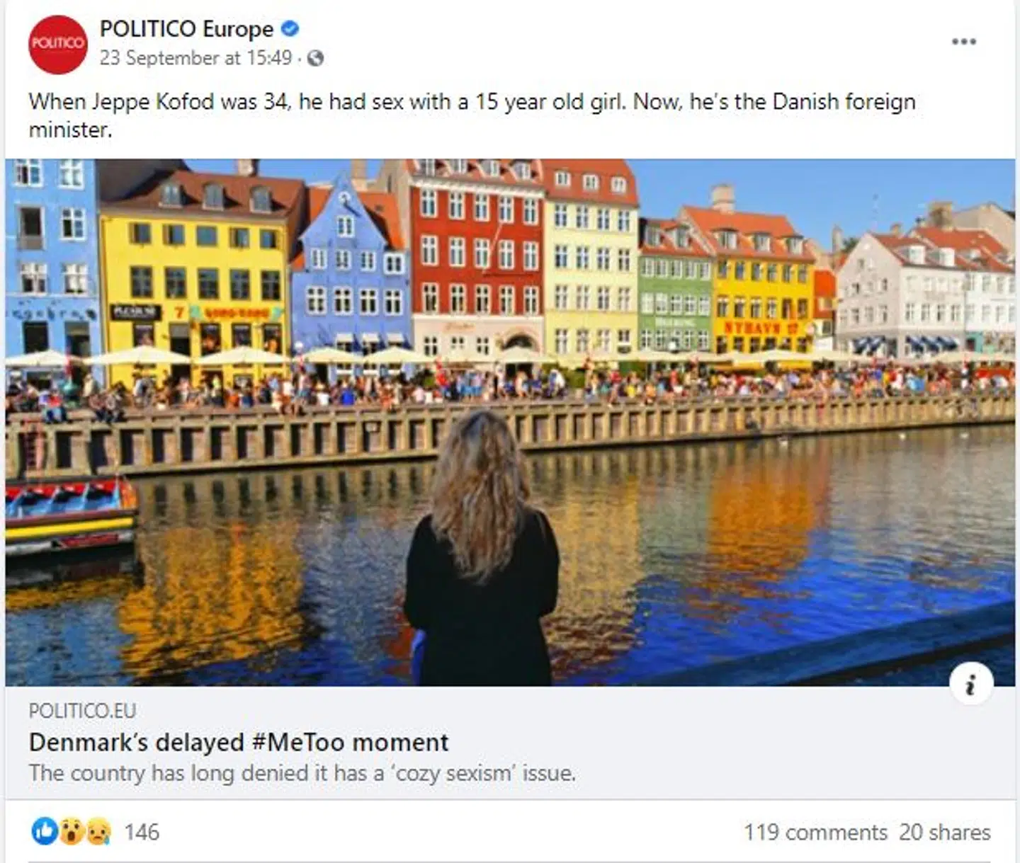 Mediet Politico, der primært skriver om international politik, vinklede på Kofods sag, da de lagde deres historie på Facebook.