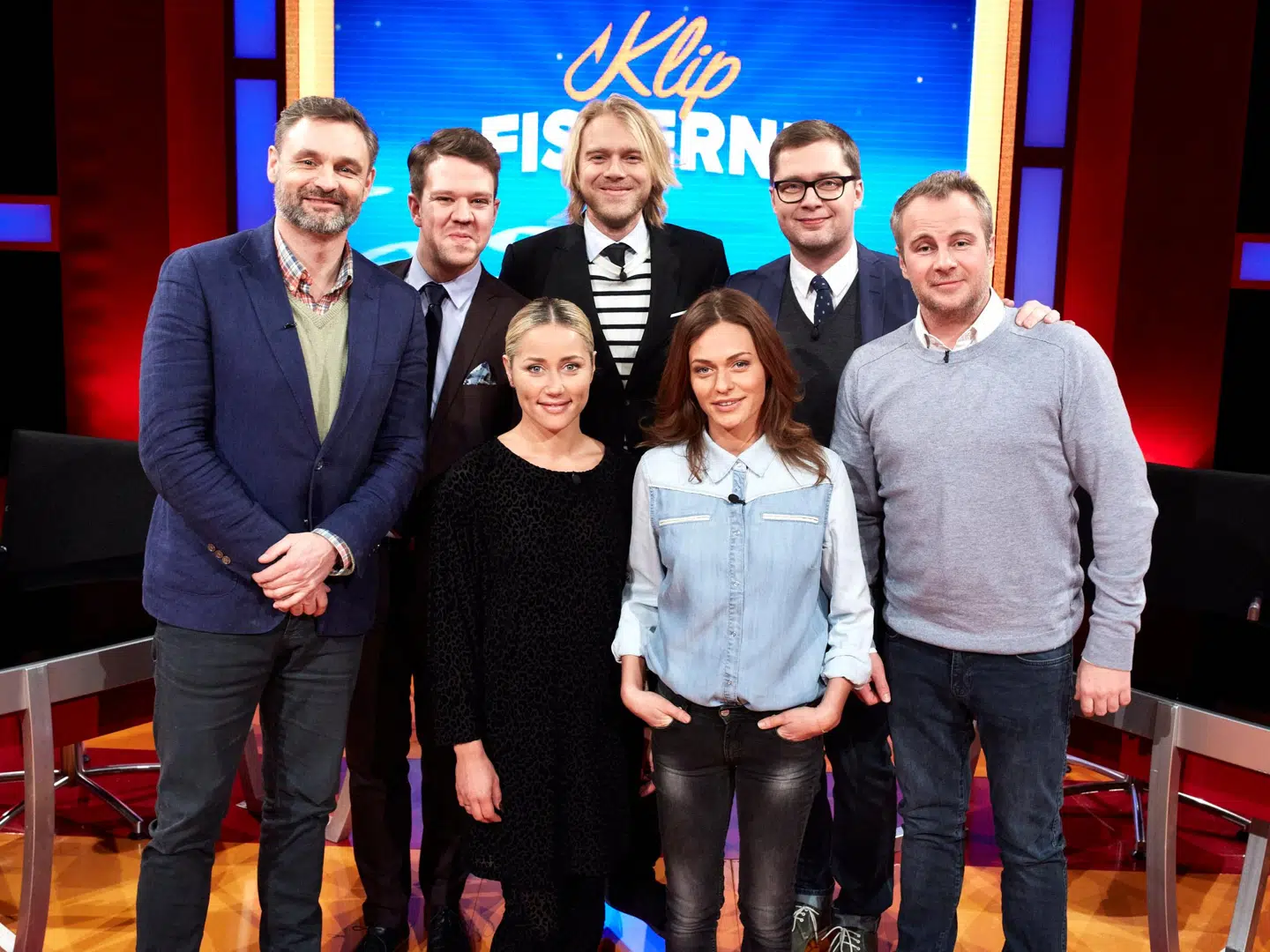 Tidligere vært Felix Smith med tidligere holdkaptajner Thomas Warberg og Lasse Rimmer. Her med Claus Elming, Ditte Ylva Olsen, Sarah Grünewald og Uffe Holm som deltagere.