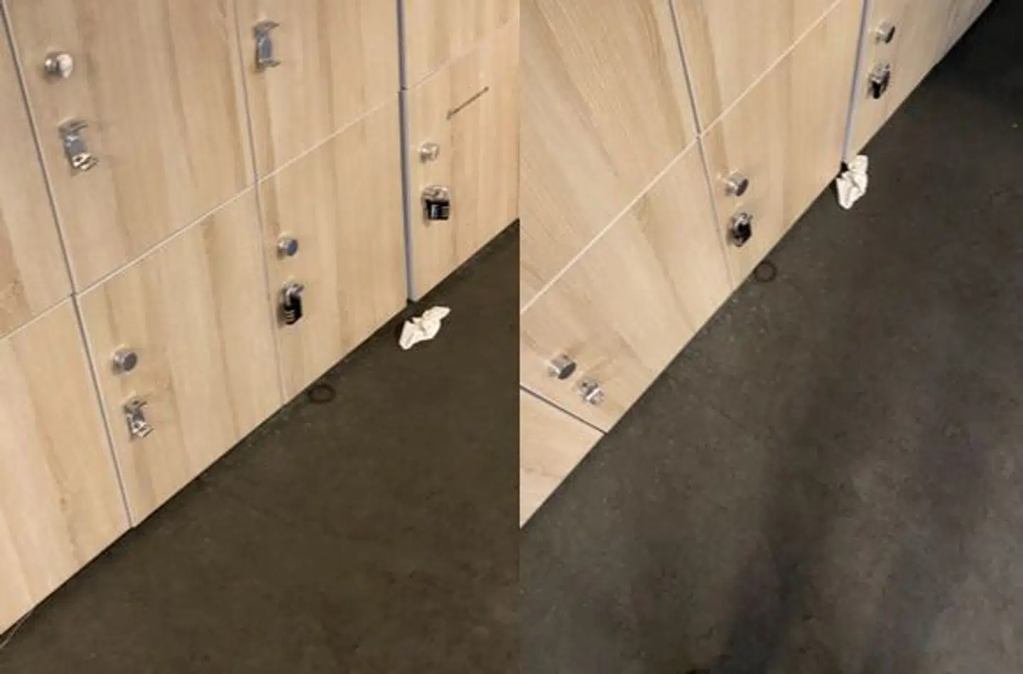 Hårelastik med hårtot og brugt serviet i omklædningsrummet i Fitness World på Vesterbro. Billledet til venstre er taget 25. august klokken 16.32. Billedet til højre er taget 26. august klokken 16.38.