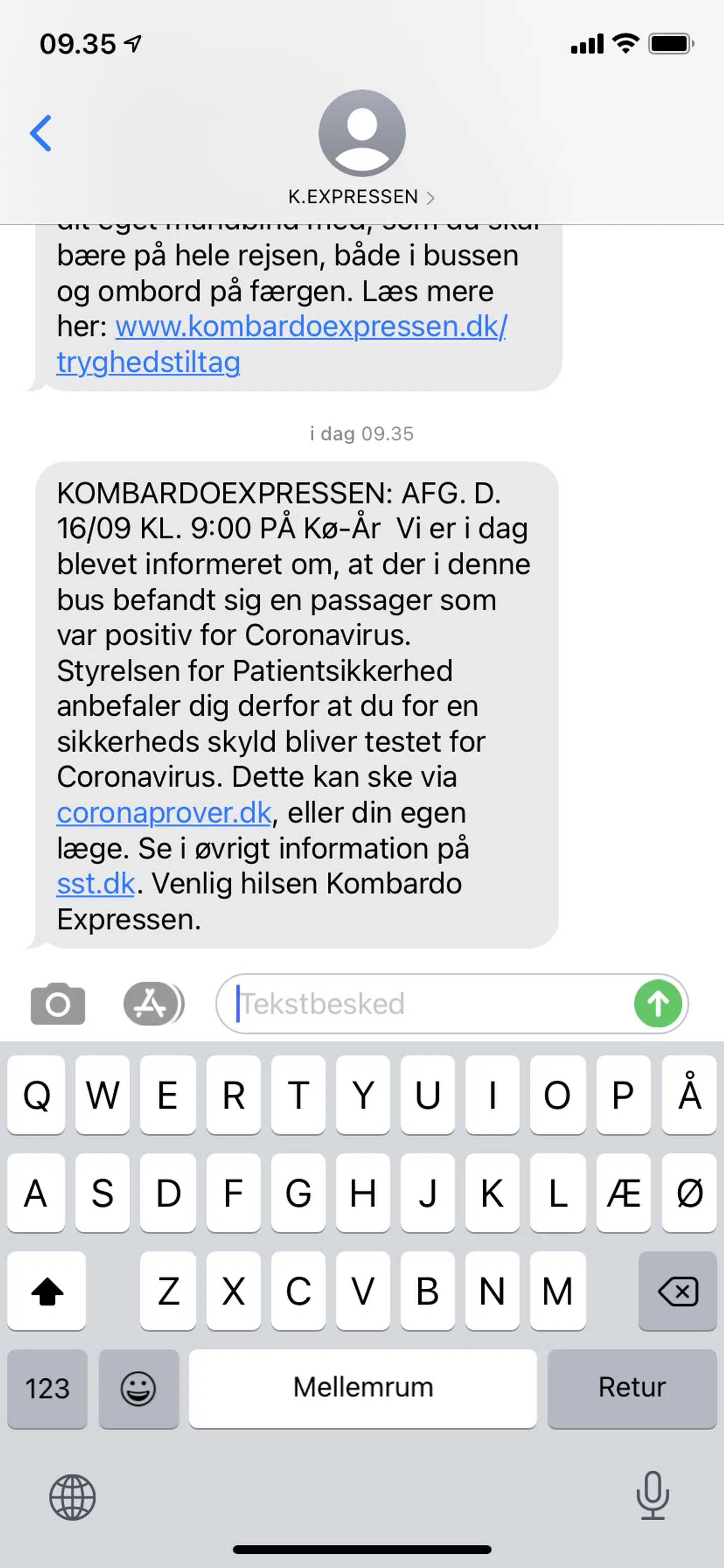 Beskeden, som rejsende på afgangen modtog fra Kombardo Expressen.