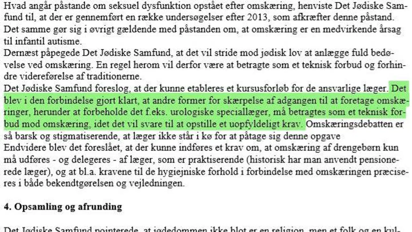 Her ses det i referatet, hvordan Det Jødiske Samfund ikke vil have en urolog til at udføre indgrebet. Foto: Privat