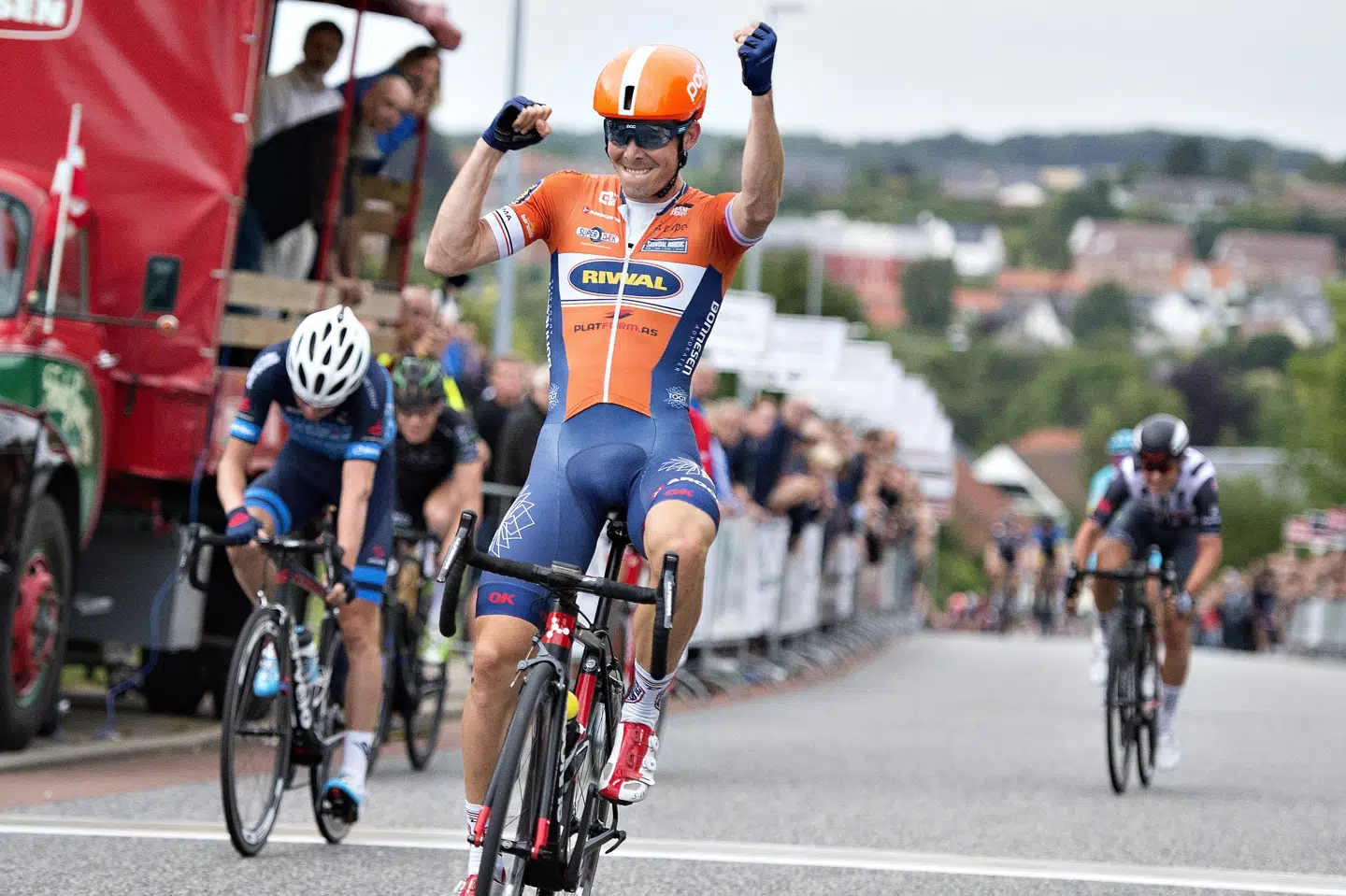 Den tidligere Riwal-rytter Jonas Aaen Jørgensen, der nu er gået på cykelpension, vandt et gadeløb i Hadsten 2017. (Arkivfoto) Henning Bagger/Ritzau Scanpix