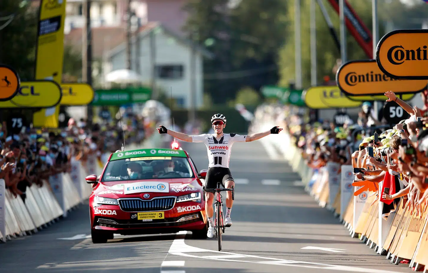 Cycling - Tour de France - Stage 19 - Bourg-en-Bresse to Champagnole - France - September 18, 2020. Team Sunweb rider Soren Kragh Andersen of Denmark wins the stage. REUTERS/Benoit Tessier/Pool