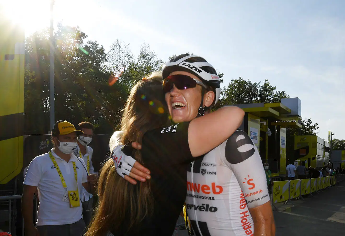Cycling - Tour de France - Stage 19 - Bourg-en-Bresse to Champagnole - France - September 18, 2020. Team Sunweb rider Soren Kragh Andersen of Denmark celebrates after winning the stage. Pool via REUTERS/Stef Mantey