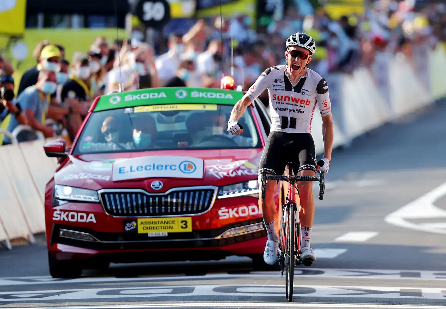 Cycling - Tour de France - Stage 19 - Bourg-en-Bresse to Champagnole - France - September 18, 2020. Team Sunweb rider Soren Kragh Andersen of Denmark wins the stage. Pool via REUTERS/Thibault Camus