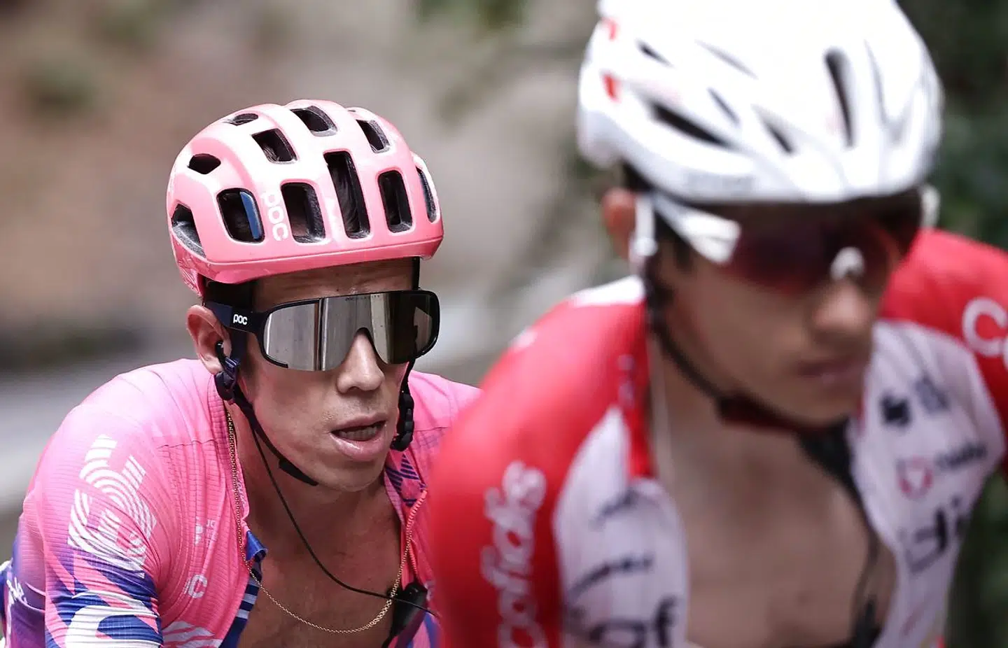 Team Education First rider Colombia's Rigoberto Uran (L) climbs during the 17th stage of the 107th edition of the Tour de France cycling race, 170 km between Grenoble and Meribel, on September 16, 2020. (Photo by KENZO TRIBOUILLARD / AFP)